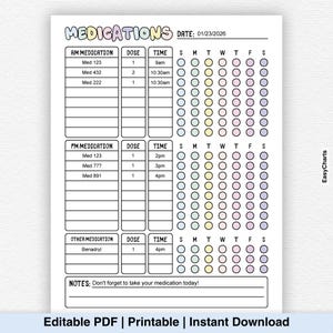 Puede incluir: Un rastreador de medicamentos imprimible con el título "MEDICATIONS" en letras coloridas. El gráfico incluye secciones para medicamentos AM, PM y otros, con espacio para la dosis y la hora. También tiene una sección para notas y un campo de fecha.