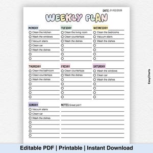 May include: A white printable weekly plan with a colorful "WEEKLY PLAN" header. The plan includes daily tasks like cleaning the kitchen, vacuuming stairs, and washing dishes. The date is 01/02/2026. The bottom of the page says "Editable PDF | Printable | Instant Download".