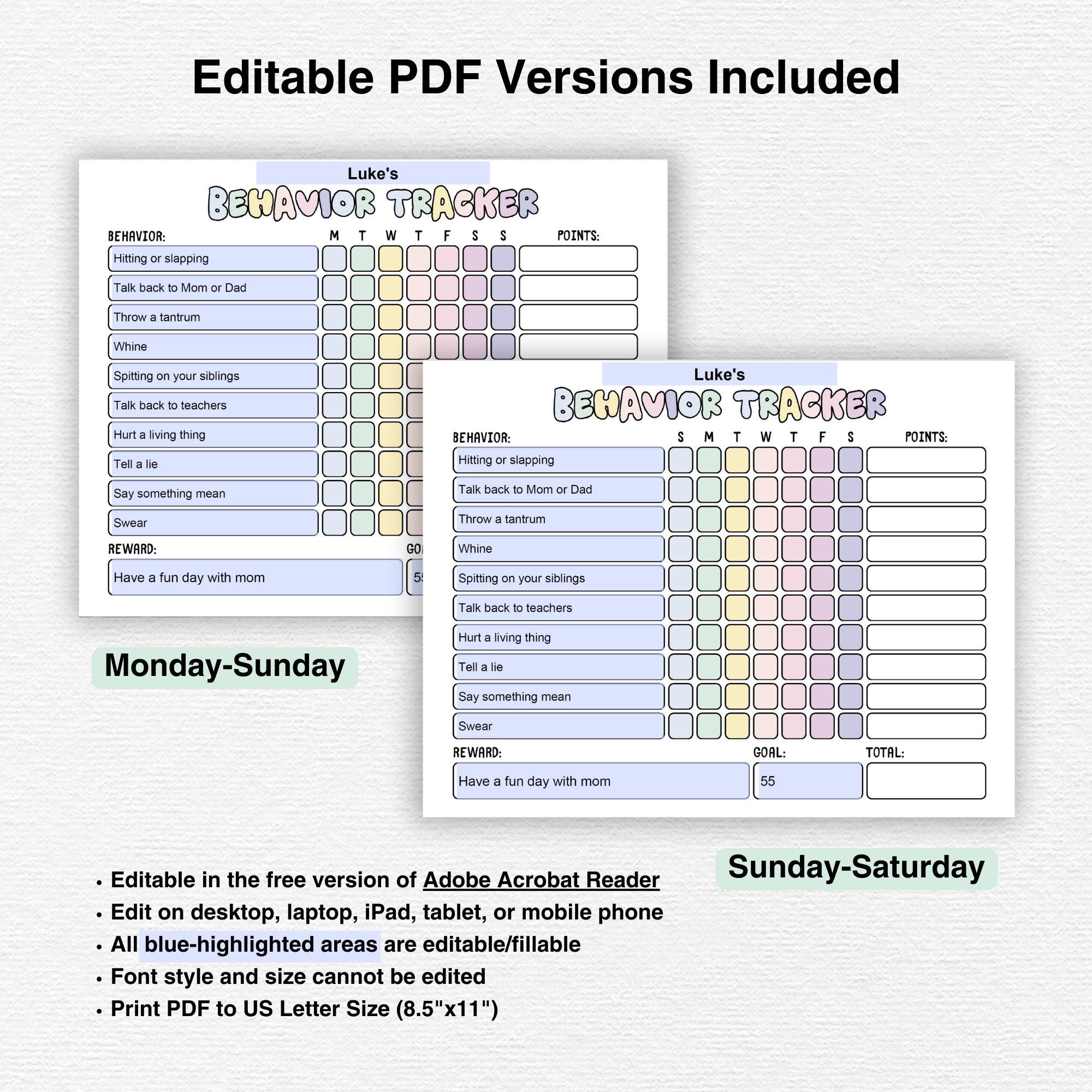 Editable Behavior Tracker for Kids, Behavior Chart, Actions Have ...