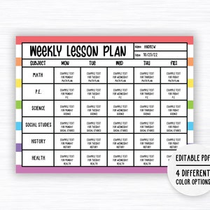 Editable Weekly Lesson Plan, Printable Simple School Schedule, Weekly School Schedule, Homeschool, Instant Download, PDF, 4,5,6,7 Subjects