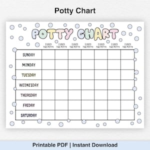 Peut inclure: Un tableau de propreté blanc avec les mots "Potty Chart" en haut en lettres colorées. Le tableau comporte une grille pour chaque jour de la semaine, avec les mots "I used the potty" au-dessus de chaque jour. Le tableau est décoré de bulles bleues.