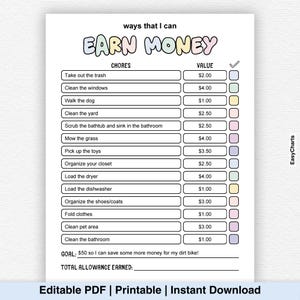 May include: A printable chore chart with the heading "ways that I can EARN MONEY." The chart details chores such as "Take out the trash" and "Clean the windows," each with a monetary value. Includes a goal section and a space for total allowance earned.