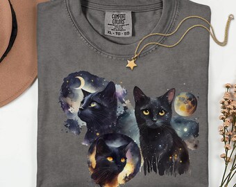 Comfort Colors Vintage Halloween Black Cat Shirt, Celestial Black Cat Tee, Cat Mom Shirt, Black Cat Lover Gift