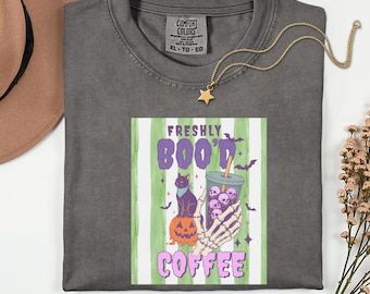 Comfort Colors Freshly Boo'd Coffe Shirt, Halloween Coffee Lover Tee, Black Cat Shirt, Coffee Lover Gift