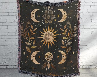 Celestial Boho Woven Throw Blanket, Celestial Tapestry, Celestial Astrology Blanket, Mystical Woven Wall Hanging, Astrology Lover Gift