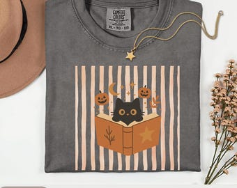 Black Cat Reading Shirt, Black Cat Tee, Halloween Teacher Shirt, Fall Crewneck