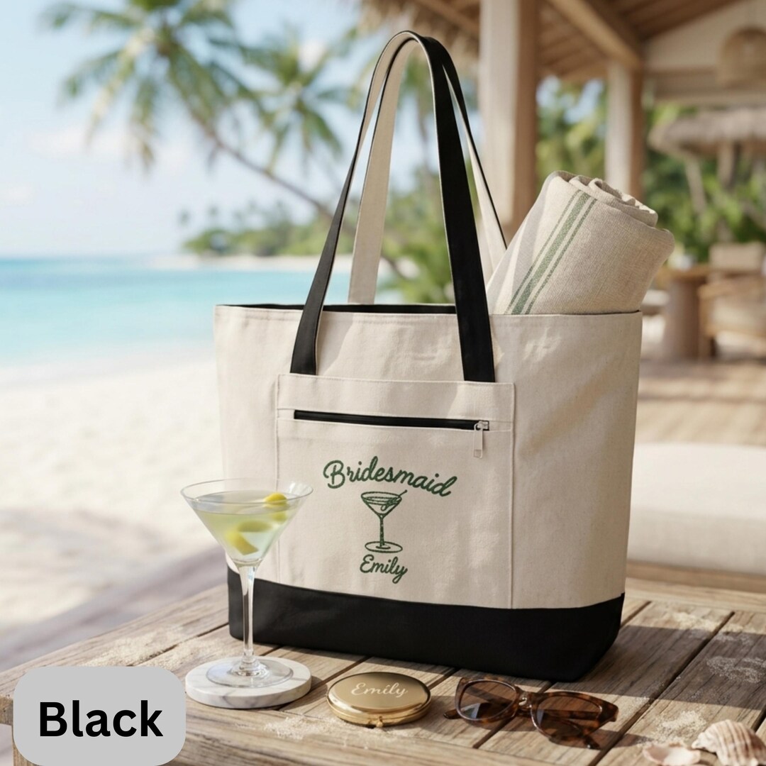 Custom Martini Bachelorette Party Zippered Canvas Tote Bag, Bridesmaid ...