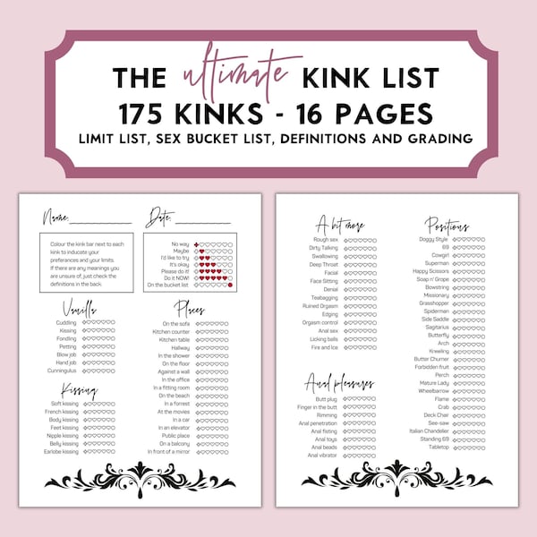 Ultimate Kink List of Kinks and Fetishes, Sex Bucket List, Sex Games, BDSM Sex Game, KinkList, Sexy Gift for Him