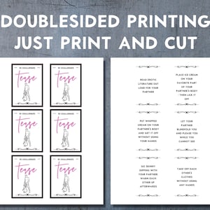 Puede incluir: Un conjunto de 6 tarjetas imprimibles con el texto "50 Challenges" y "Tense" en rosa. Las tarjetas presentan un dibujo de l&iacute;nea negra de una pareja. La parte posterior de las tarjetas tiene una lista de 6 desaf&iacute;os para parejas.