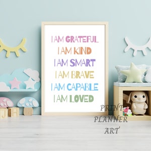 Affermazioni per bambini, Arredamento homeschool, Io sono Affermazioni, Poster per sala giochi, Poster di Affermazioni, Sono gentile amato coraggioso, Poster per aula