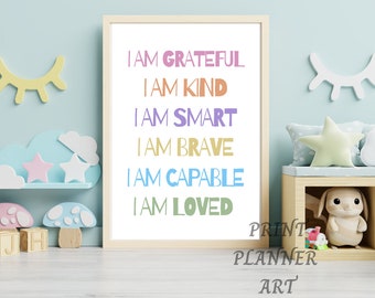 Affirmaties voor kinderen, Homeschool Decor, ik ben affirmaties, speelkamer poster, affirmaties poster, ik ben soort geliefd dapper, klas posters