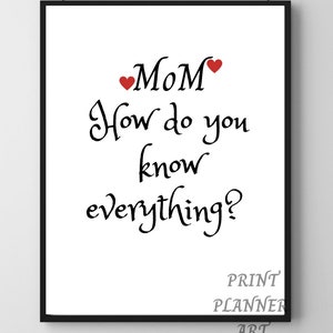 Mothers day wall printable art, Mom how do you know everything l PRINTABLE Mothers Day Card / Greeting Card, Mothers day Gift for mom
