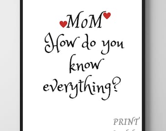 Mothers day wall printable art, Mom how do you know everything l PRINTABLE Mothers Day Card / Greeting Card, Mothers day Gift for mom