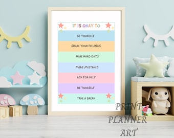 Puede incluir: Un póster imprimible con un fondo arcoíris pastel y estrellas. El póster dice "Está bien" y enumera lo siguiente: ser tú mismo, compartir tus sentimientos, tener días difíciles, cometer errores, pedir ayuda, ser tú mismo, tomar un descanso.
