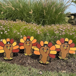 Thanksgiving Turkey Cutouts - Pack of 4 Small | Autumn Yard Stakes | Hand Painted Fall Harvest Decor | Porch & Walkway Decor | 9&quot;H x 9&quot;W