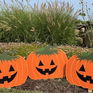 Może przedstawiać: Trzy pomarańczowe dekoracje z dyni z czarnymi twarzami jack-o'-lantern i zielonymi łodygami są wystawione na zewnątrz. Dynie umieszczono na trawie przed tłem zieleni i kamiennego muru, idealne na Halloween.