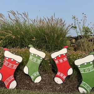 Wood Christmas Stocking Cutouts -Pack of 4 Large | Christmas Stocking Yard Decor | Hand-Painted Holiday Art | Outdoor Lawn Art | 17&quot;H x 10&quot;W