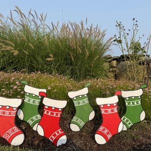 Wood Christmas Stocking Cutouts-Pack of 6 Small |Holiday Yard Stakes | Hand-Painted Festive Lawn Decor | Outdoor Xmas Decoration |13&quot;H x 7&quot;W
