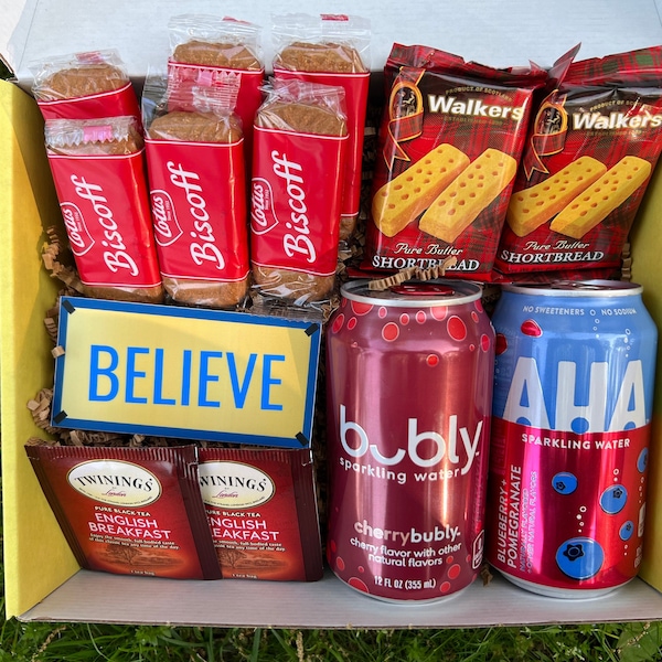 Snack Box for a Ted Lasso TV night | Shortbread in Pink Box, Biscuits, Spicy Water, Believe Sticker, British Tea Time