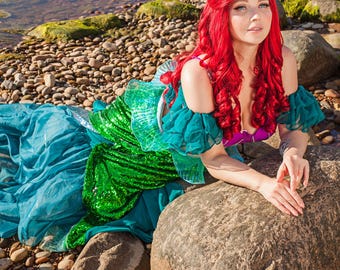 Ariel Inspired Mermaid Dress Costume: Embroidered Bra & Ruffle Skirt