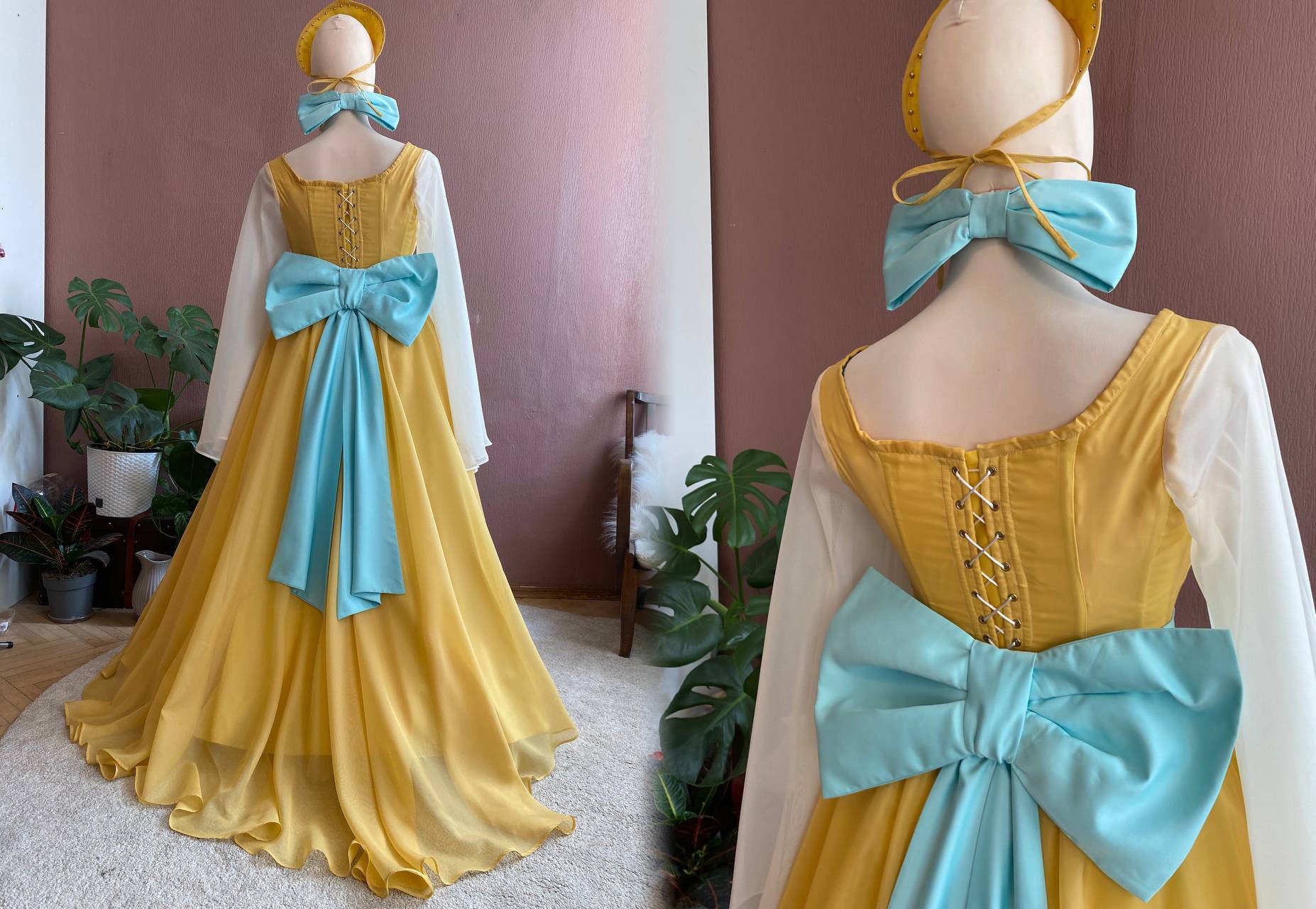 アナスタシア姫のコスプレドレス：ゴールデンイエロー、刺繍入り