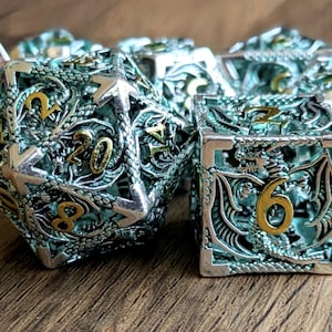 Green Hollow Dragon Dice Set D&D Metal 7pcs Polyhedral Die