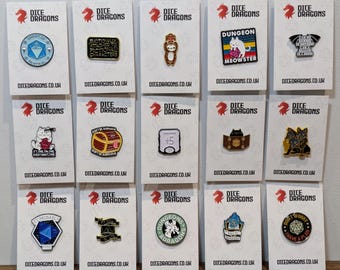 DnD Enamel Pin Badges 17 Designs including Cats, Dragons, Dice & More Geeky Brooches