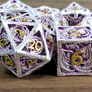 Purple Gold Hollow Dragon Dice 7pcs DND Die Set for D&D TTRPGs Game Gift