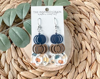 Navy Pumpkin Stack Earrings: Wood & Acrylic Fall Jewelry