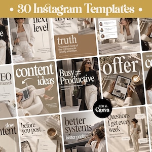 Könnte beinhalten: Eine Sammlung von 30 Instagram-Vorlagen mit einer neutralen Farbpalette in Beige-, Weiß- und Brauntönen. Die Designs enthalten Typografie, Lifestyle-Fotografie und geschäftsorientierten Text wie 'content ideas' und 'better systems'.