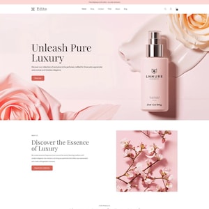 Pode incluir: Design do site para uma marca de perfumes de luxo. O site apresenta um esquema de cores rosa suave, fotos de produtos e texto como "Unleash Pure Luxury" e "Signature Scents for Every Mood".