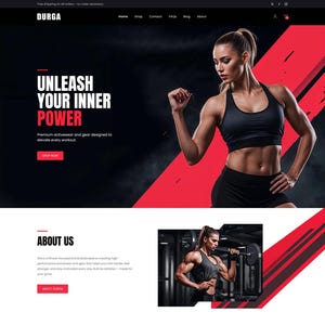May include: Website design for a fitness brand, featuring images of athletes, workout gear, and motivational text. The site uses a black, white, and red color scheme, with sections for products and brand information.