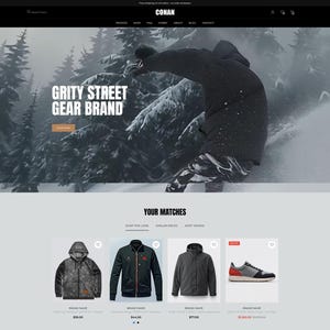 Op de afbeelding: Homepage van de Conan street gear website, met een snowboarder, productdisplays en nieuwsartikelen. De site heeft een donker, modern ontwerp met een focus op winter sportkleding.