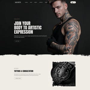 Op de afbeelding: Website homepage voor een tattoostudio. Het bovenste gedeelte toont een man met uitgebreide tatoeages, de tekst "JOIN YOUR BODY TO ARTISTIC EXPRESSION" en een call-to-action-knop. Hieronder staan secties voor tatoeages, consultatie en nieuwe tattoo-ontwerpen.
