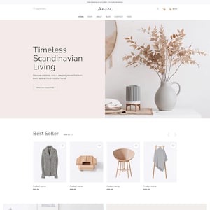Puede incluir: Página de inicio de un sitio web que presenta muebles de estilo escandinavo. La página muestra el texto "Timeless Scandinavian Living" y presenta artículos como una silla de madera, un perchero y un sofá. El nombre del sitio web es "Ansel".