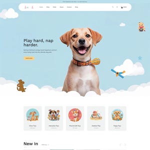 Op de afbeelding: Website homepage met een lachende hond met een halsband en een vlinderdas. De site biedt kauwspeelgoed, interactief speelgoed, pluche speelgoed, buitenspeelgoed en puppyspeelgoed. De tekst luidt "Play hard, nap harder."