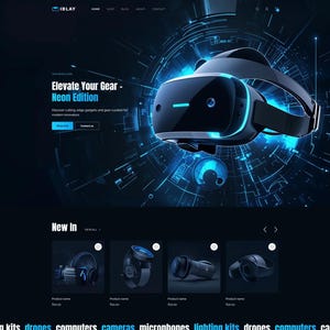 Puede incluir: Diseño web con un casco de realidad virtual con acentos de neón azul. Se muestra el texto "Elevate Your Gear - Neon Edition". Otros productos incluyen auriculares, cámaras y micrófonos. El sitio web promociona gadgets de vanguardia.