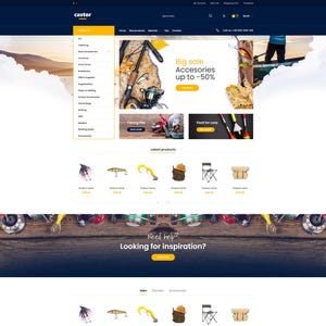 Puede incluir: Página de inicio de un sitio web que presenta equipos y accesorios de pesca. El sitio incluye listados de productos, banners promocionales y menús de navegación. La combinación de colores es principalmente azul y amarillo, con imágenes de productos y texto.