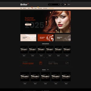 Op de afbeelding: Een website homepage voor Brillior, met een Summer Collection banner met een vrouwenportret. De pagina toont sieraden, met secties voor de nieuwste producten en promotieaanbiedingen. Het ontwerp is modern met een donkere achtergrond.