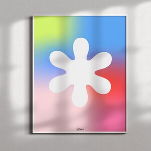 May include: A white abstract flower shape on a gradient background with shades of yellow, blue, pink, and red.