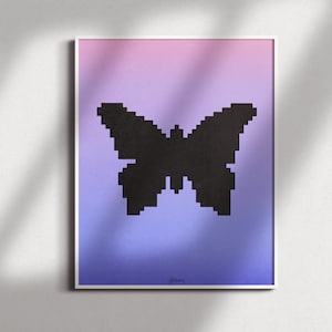 Puede incluir: Una silueta de mariposa negra sobre un fondo degradado que pasa del rosa al morado.