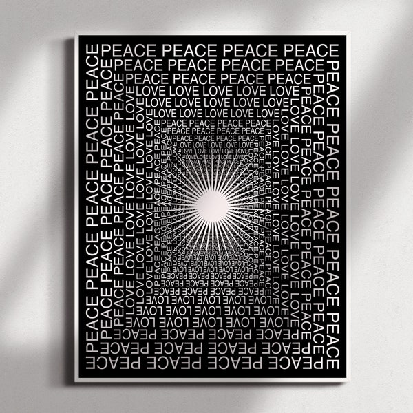 Peace and Love Minimal Typography PRINTABLE | Black and White Graphic Design Poster Modern Hippie Psychedelic Illusion Wall Art