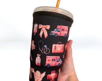 Iced Coffee Sleeve, Reusable Cup Cozy for Nurses & EMTs, Pink Bow Tumbler Cover, Healthcare Worker Gift, Medical Staff Accessories