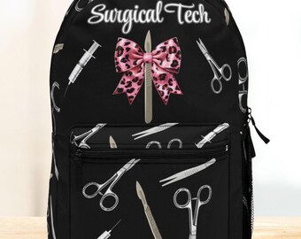 Surgical Tech Gift Backpack with Leopard Bow, OR Nurse Gift, Medical Instruments Pattern