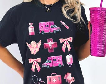Pink Nurse Shirt, Comfort Colors Tee, Bow Nursing Shirt, RN Gift for Healthcare Worker, Ambulance Medical Graphic T-Shirt