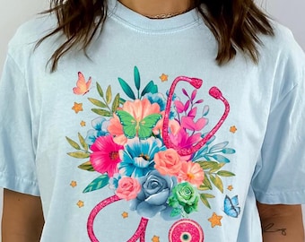 T-shirt d&#39;allaitement stéthoscope floral pour infirmières de l&#39;USIN, t-shirt couleurs confort, cadeau d&#39;infirmière praticienne, appréciation d&#39;infirmière