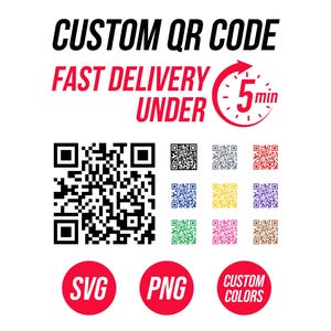 May include: A digital graphic featuring the text CUSTOM QR CODE and FAST DELIVERY UNDER 5 min with a clock icon. It displays a large black QR code, a grid of nine smaller QR codes in various colors, and three red circles labeled SVG, PNG, and CUSTOM COLORS.