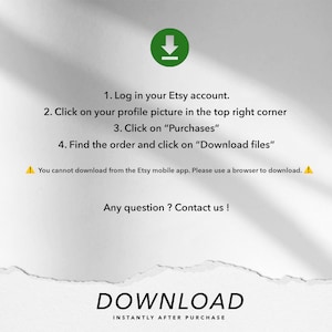 K&ouml;nnte beinhalten: Ein gr&uuml;nes Download-Pfeilsymbol mit wei&szlig;em Umriss. Der Text unter dem Symbol lautet: "1. Melden Sie sich bei Ihrem Etsy-Konto an. 2. Klicken Sie auf Ihr Profilbild in der oberen rechten Ecke 3. Klicken Sie auf "K&auml;ufe" 4. Finden Sie die Bestellung und klicken Sie auf "Dateien herunterladen" ! Sie k&ouml;nnen nicht von der Etsy-Mobil-App herunterladen. Bitte verwenden Sie einen Browser, um herunterzuladen. ! Haben Sie eine Frage? Kontaktieren Sie uns! HERUNTERLADEN SOFORT NACH DEM KAUF"