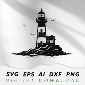 Faro SVG Beacon File Ocean Island clipart con gabbiano File grafico vettoriale marittimo / Download immediato del file digitale