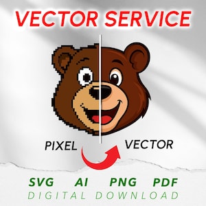May include: An image showcasing a brown bear face split vertically, with a pixelated design on the left and a smooth vector design on the right. The text "VECTOR SERVICE" is at the top, with "PIXEL" and "VECTOR" below the bear. Below, it says "SVG AI PNG PDF DIGITAL DOWNLOAD".
